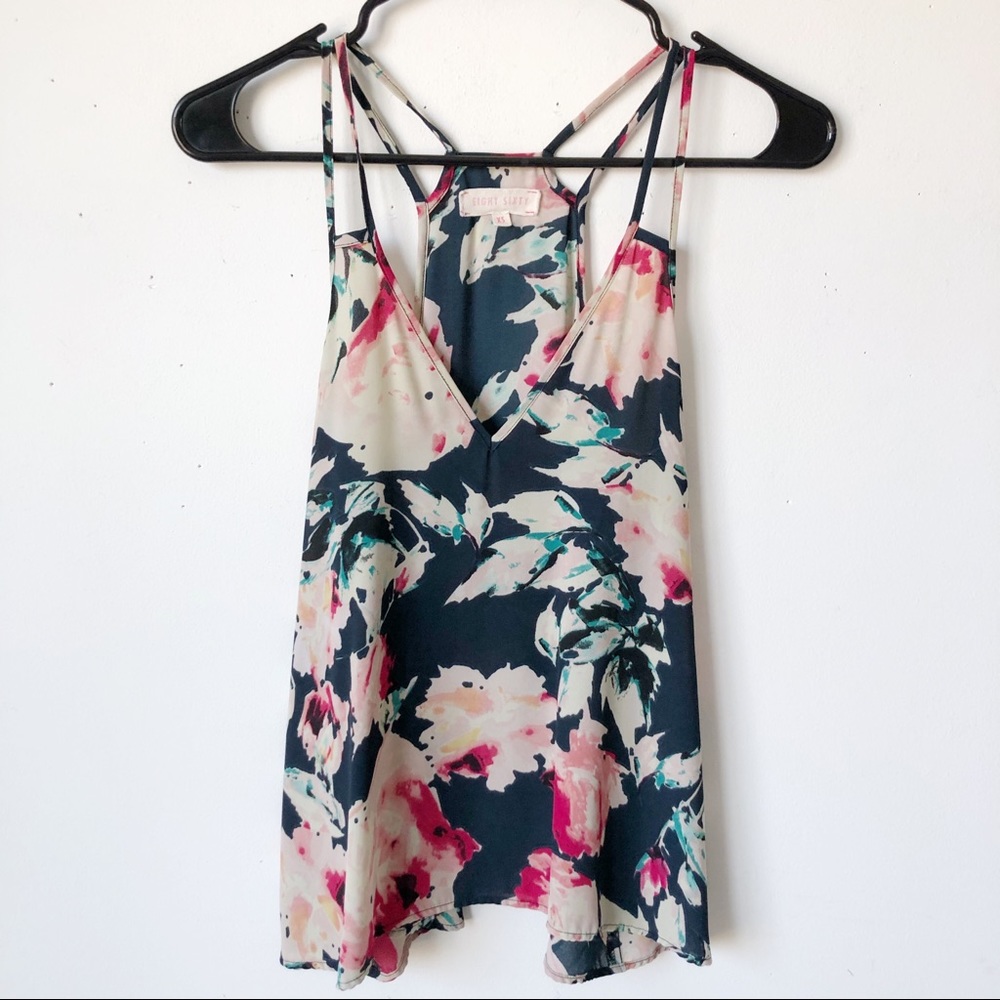Floral Rose Printed Strappy Tank Top Chiffon Loose Lightweight Airy Eight Sixty